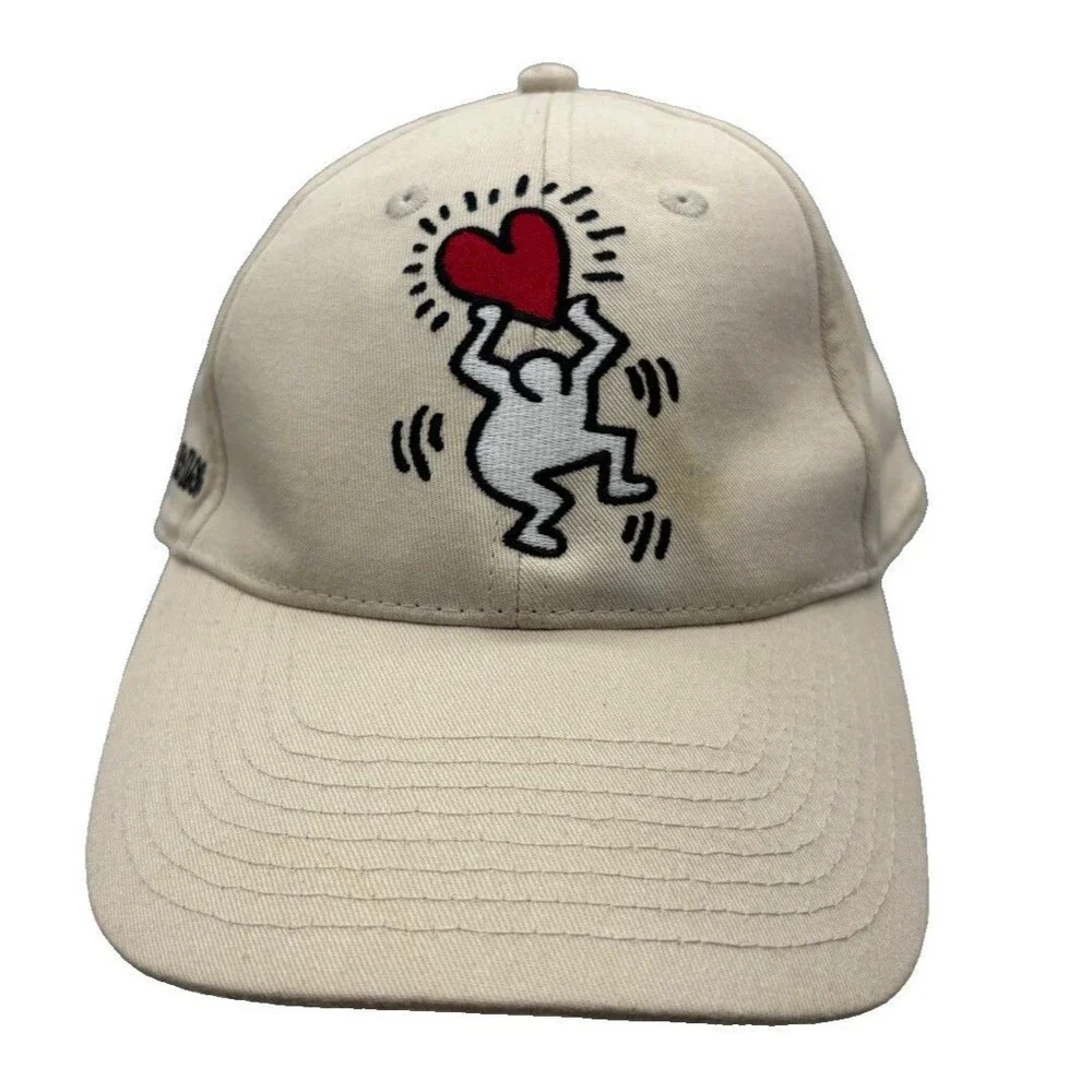 Keith Haring HM Hat Beige Cotton Dancing Figure Red Heart Dad Cap